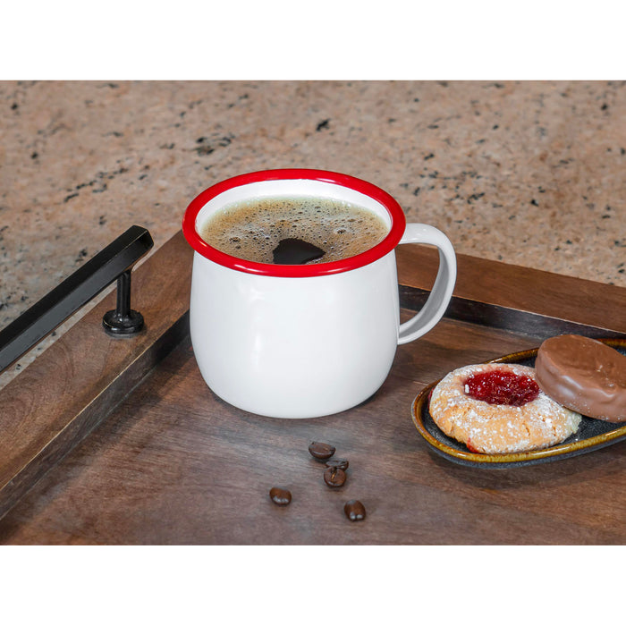 Red Co. Set of 4 Enamelware Metal 12 Oz Round Camping Mugs, Solid White/Color Rim