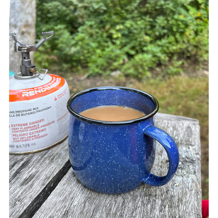 Red Co. Set of 4 Enamelware Metal 12 Oz Round Camping Coffee Mugs with Handle, White-Speckled/Black Rim