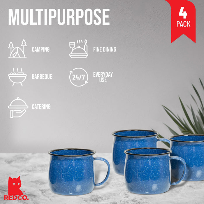 Red Co. Set of 4 Enamelware Metal 12 Oz Round Camping Coffee Mugs with Handle, White-Speckled/Black Rim