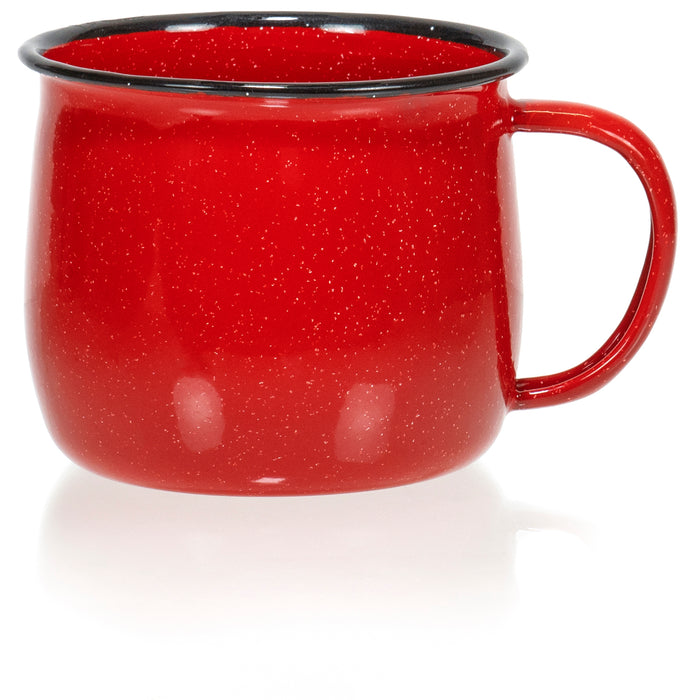 Red Co. Set of 4 Enamelware Metal 12 Oz Round Camping Coffee Mugs with Handle, White-Speckled/Black Rim