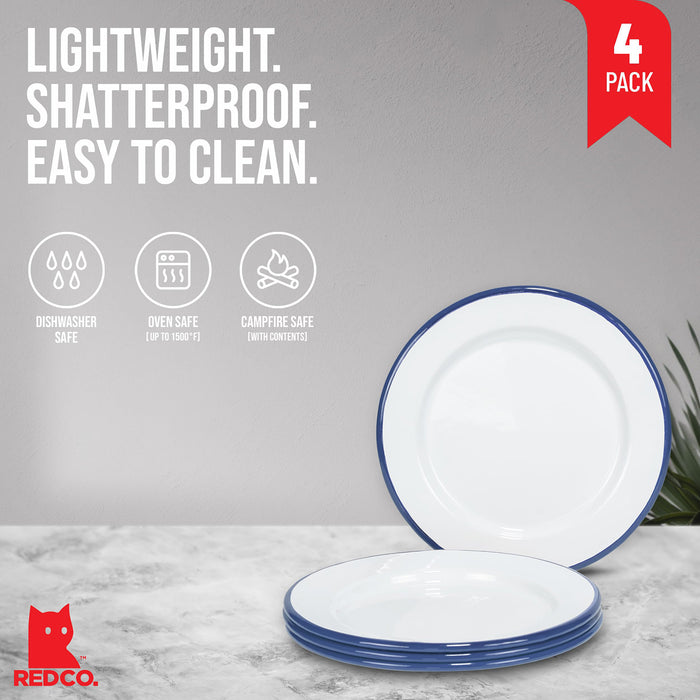 Red Co. Set of 4 Enamelware Metal Classic 8" Round Salad Plate, Solid White/Color Rim
