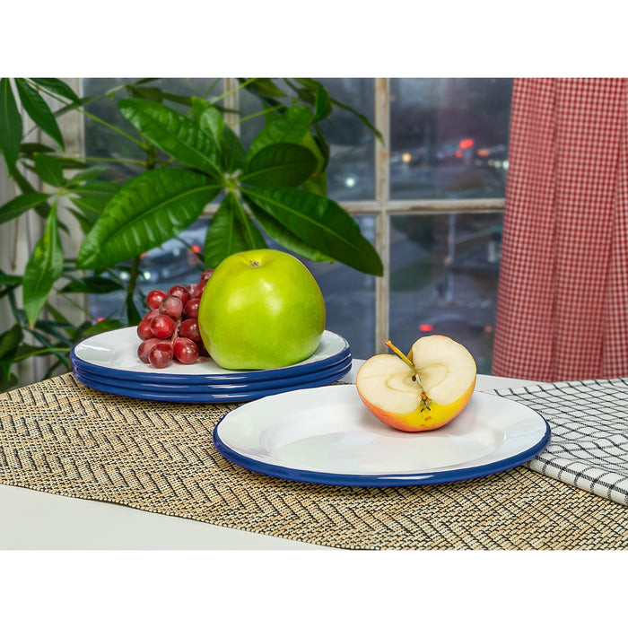 Red Co. Set of 4 Enamelware Metal Classic 8" Round Salad Plate, Solid White/Color Rim