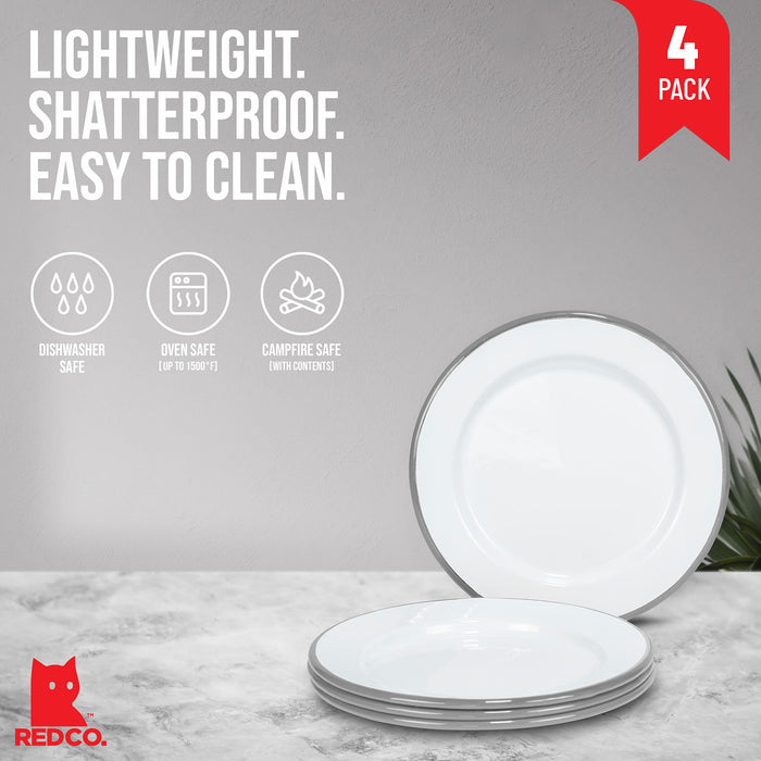 Red Co. Set of 4 Enamelware Metal Classic 8" Round Salad Plate, Solid White/Color Rim