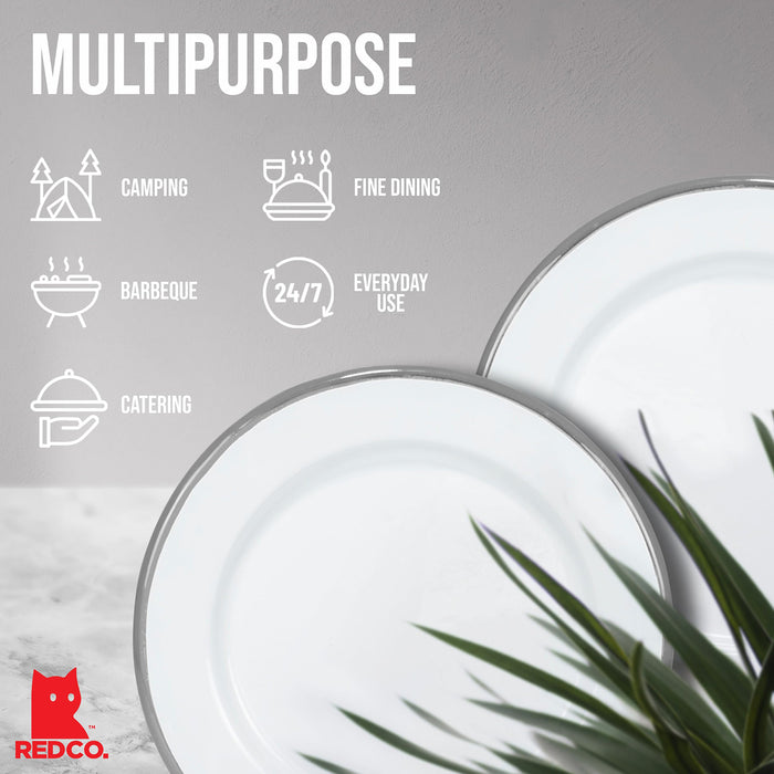Red Co. Set of 4 Enamelware Metal Classic 8" Round Salad Plate, Solid White/Color Rim