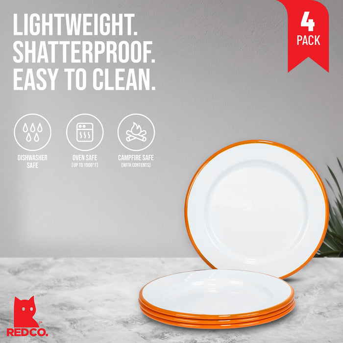 Red Co. Set of 4 Enamelware Metal Classic 8" Round Salad Plate, Solid White/Color Rim