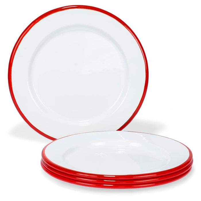 Red Co. Set of 4 Enamelware Metal Classic 8" Round Salad Plate, Solid White/Color Rim