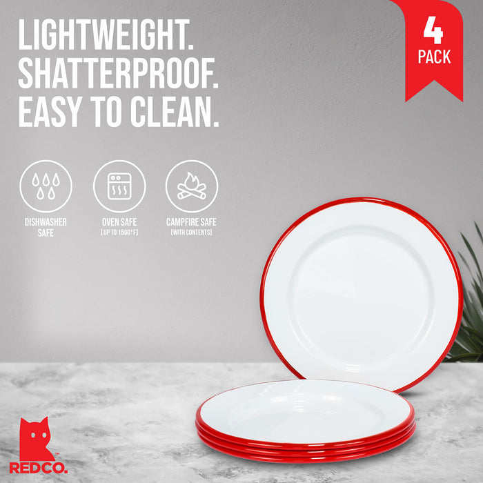 Red Co. Set of 4 Enamelware Metal Classic 8" Round Salad Plate, Solid White/Color Rim