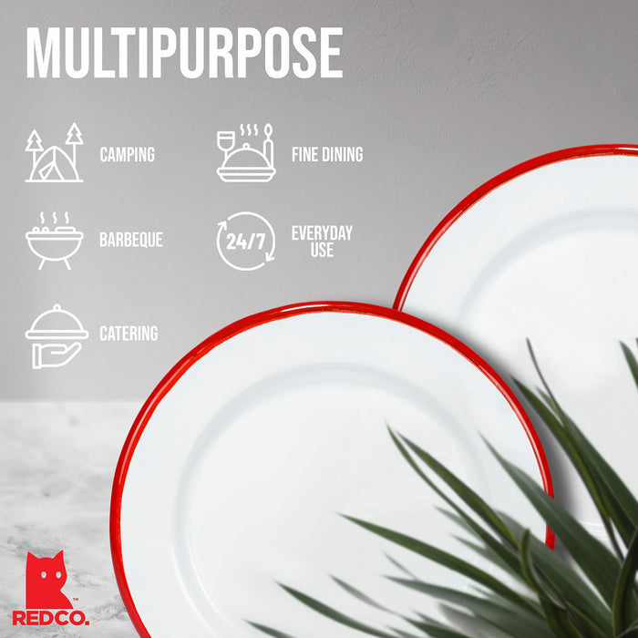 Red Co. Set of 4 Enamelware Metal Classic 8" Round Salad Plate, Solid White/Color Rim