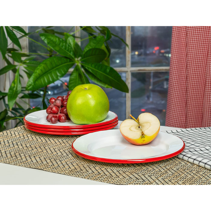 Red Co. Set of 4 Enamelware Metal Classic 8" Round Salad Plate, Solid White/Color Rim