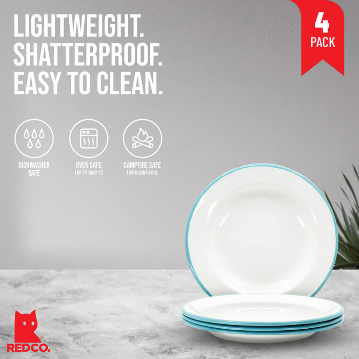 Red Co. Set of 4 Enamelware Metal Classic 8" Round Salad Plate, Solid White/Color Rim