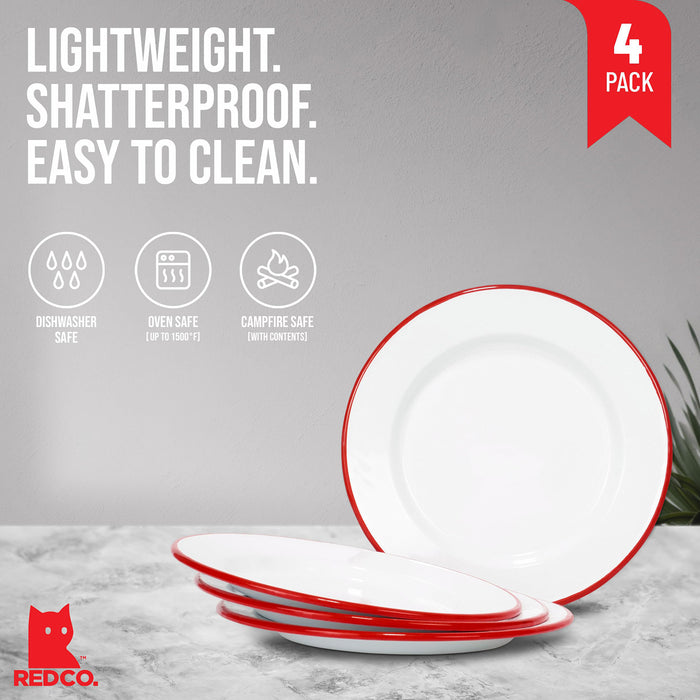 Red Co. Set of 4 Enamelware Metal Classic 10" Round Dinner Plate, Solid White/Color Rim