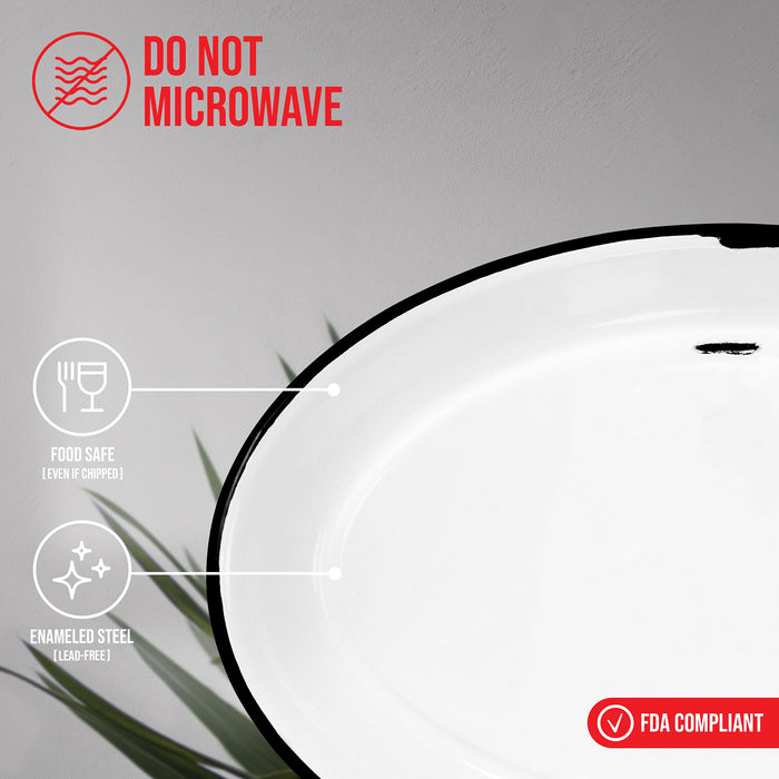 Red Co. Enamelware Metal Classic 13” Serving Oval Tray Platter, Distressed White/Black Rim