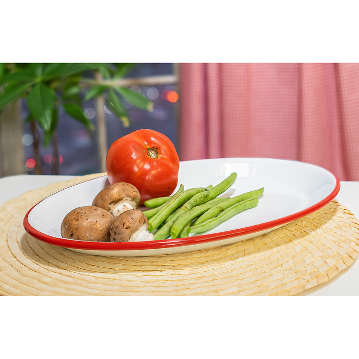 Red Co. Enamelware Metal Classic 13" Serving Oval Tray Platter, Solid White/Color Rim