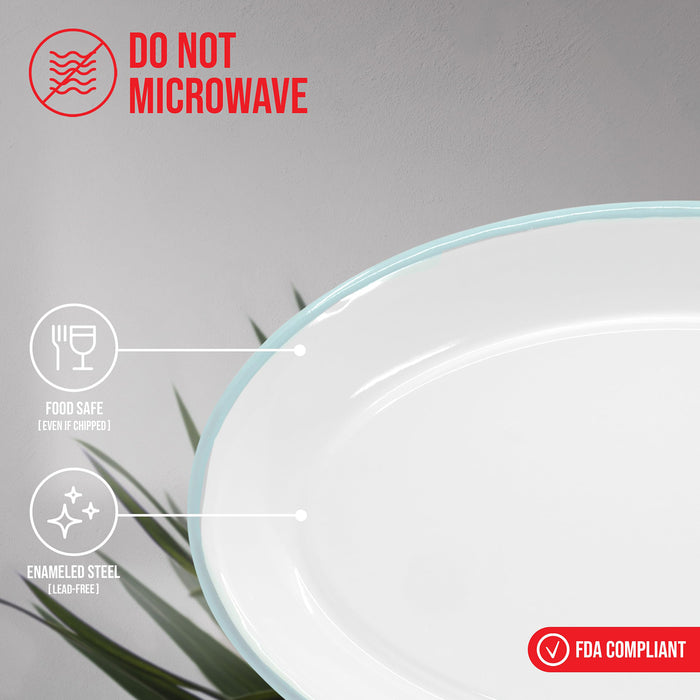 Red Co. Enamelware Metal Classic 13" Serving Oval Tray Platter, Solid White/Color Rim