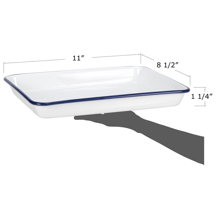 Red Co. 11" x 9" Enamelware Metal Classic 2 Quart Rectangular Serving Tray, Solid White/Color Rim