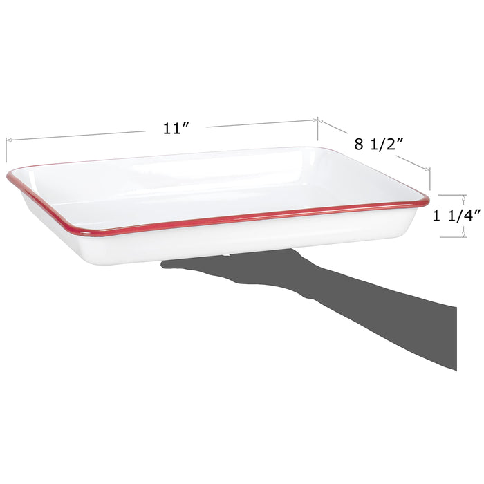 Red Co. 11" x 9" Enamelware Metal Classic 2 Quart Rectangular Serving Tray, Solid White/Color Rim