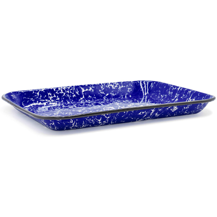 Red Co. 13.5” x 10” Enamelware Metal Classic 1.6-Quart Rectangular Serving Tray, Marble/Black Rim – Splatter Design