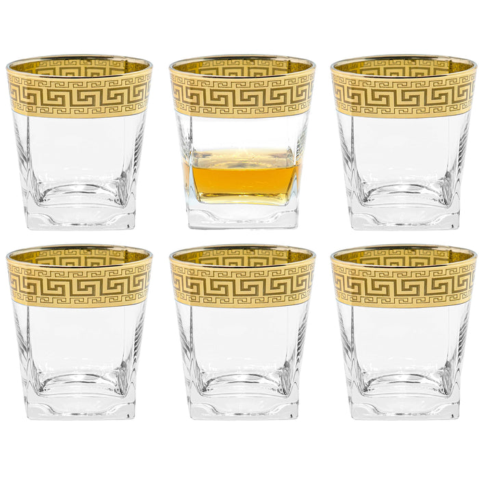 Red Co. Set of 6 Clear Decorated Drinking Glasses with Golden Greek Key Trim