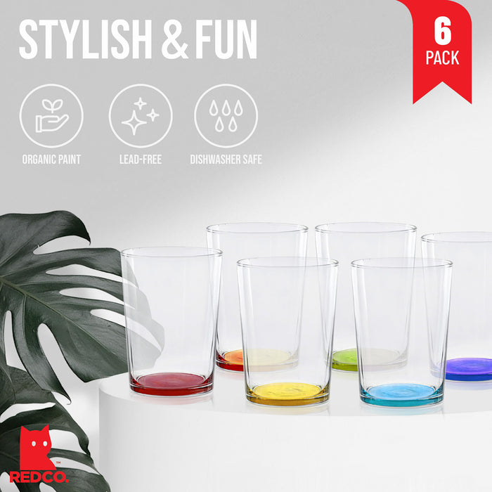 Large Rocks Clear Multi Colored Base Drinking Glass for Water, Juice, Beer, Whiskey, and Cocktails, 16 Ounce - Set of 6