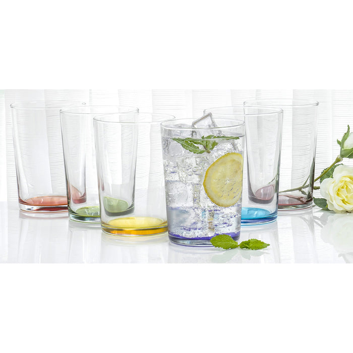 Large Rocks Clear Multi Colored Base Drinking Glass for Water, Juice, Beer, Whiskey, and Cocktails, 16 Ounce - Set of 6
