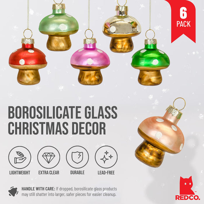 Red Co. 2.25” Mini Decorative Christmas Tree Glass Ornaments – Set of 6 Assorted Mushrooms