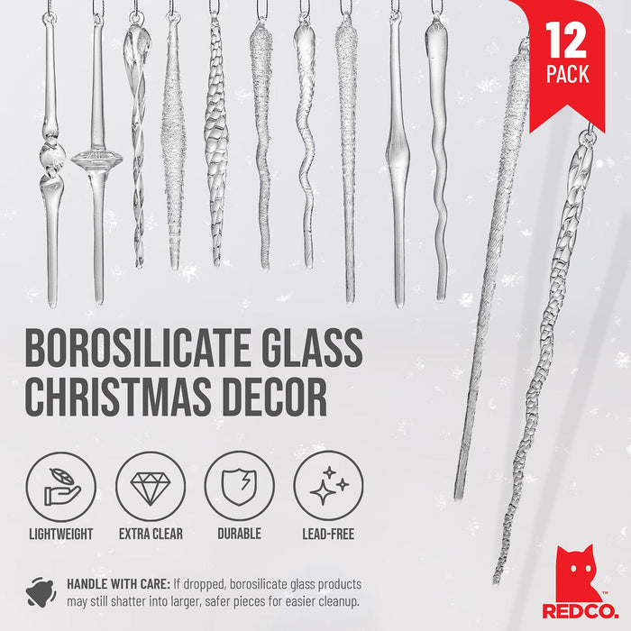 Red Co. Set of 12 Assorted 5” to 9” Decorative Clear Glass Twist Icicle Hanging Christmas Tree Ornaments