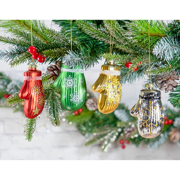 Red Co. 4” Small Decorative Glass Hanging Christmas Tree Ornaments – Set of 4 Assorted Mittens
