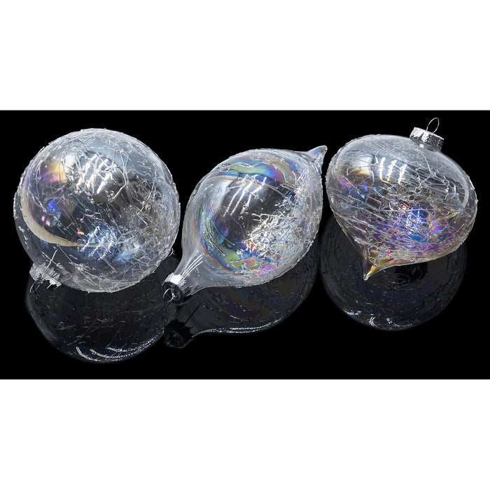 Red Co. Set of 6 Assorted 4” to 6” Decorative Iridescent Clear Glass Hanging Christmas Tree Ornaments - Olive, Ball & Onion