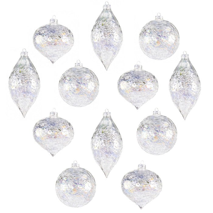 Red Co. Set of 12 Assorted 3” to 5” Decorative Iridescent Clear Crackle Glass Hanging Christmas Tree Ornaments - Olive, Ball & Onion