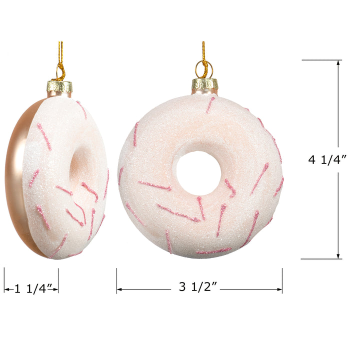 Red Co. 3.5” Small Decorative Glass Hanging Christmas Tree Ornaments – Set of 2 Assorted Glazed Donuts