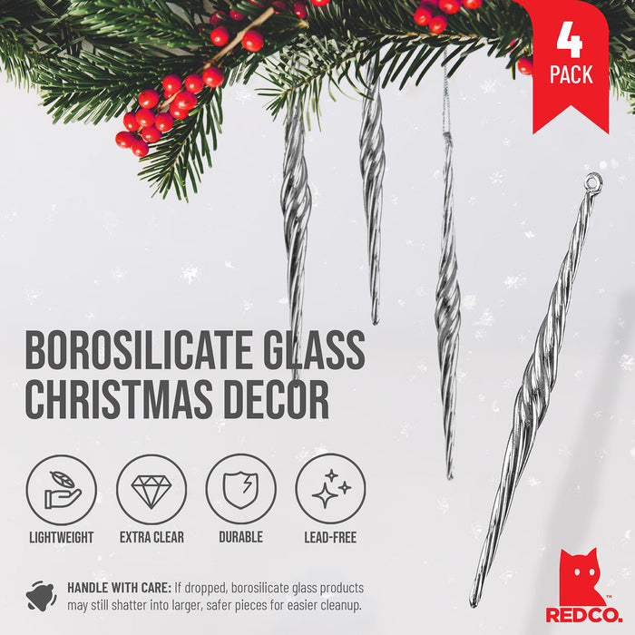 Red Co. Set of 4 Decorative 7” Silver Glass Twist Icicle Hanging Christmas Tree Ornaments