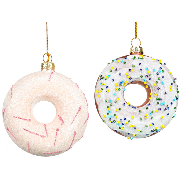 Red Co. 3.5” Small Decorative Glass Hanging Christmas Tree Ornaments – Set of 2 Assorted Glazed Donuts