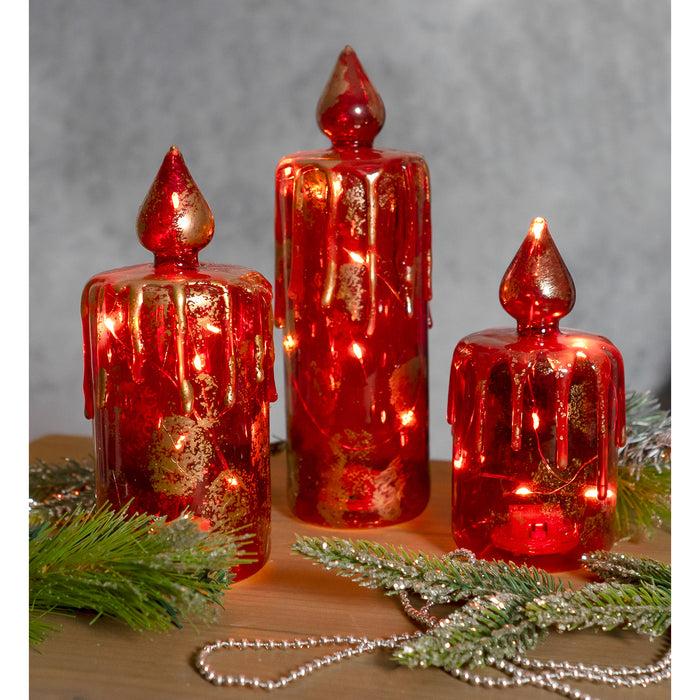 Red Co. Decorative Glass Christmas Candle Figurine Ornaments with LED Lights, Light-Up Holiday Season Décor – Royal Red with Distressed Gold – Set of 3 Sizes, 9.4 Inch, 7.5 Inch and 6 Inch