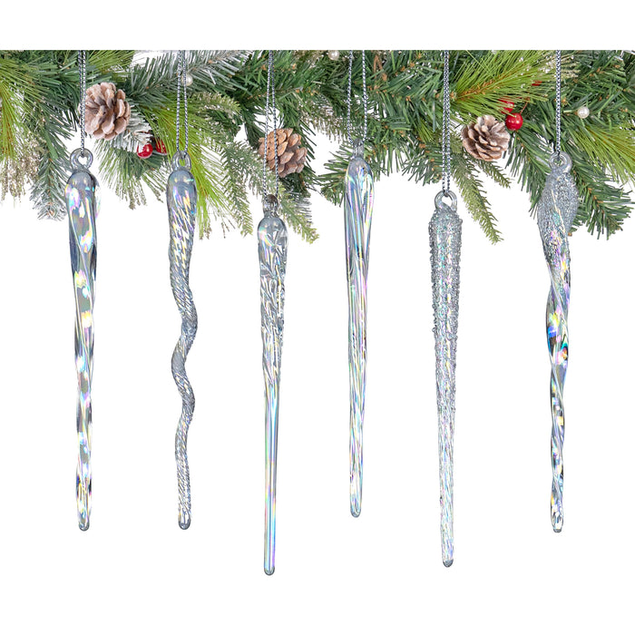 Red Co. Set of 6 Assorted Decorative 5.5” Glass Twist Icicle Hanging Christmas Tree Ornaments, Iridescent Clear