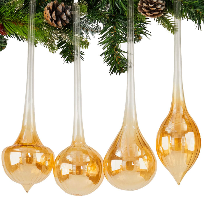 Red Co. Set of 4 Assorted 11” Long Decorative Glass Hanging Christmas Tree Ornaments, Champagne Gold