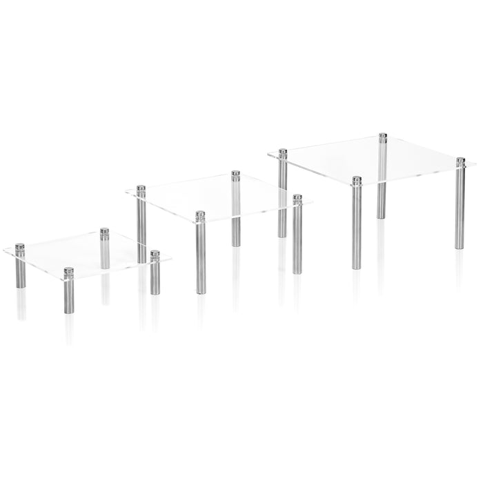 Red Co. Set of 3 (6”, 7”, 8”) Square Clear Acrylic Tabletop Display Risers with Silver Metal Legs