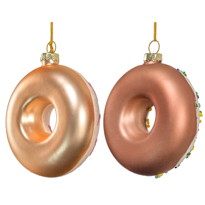Red Co. 3.5” Small Decorative Glass Hanging Christmas Tree Ornaments – Set of 2 Assorted Glazed Donuts