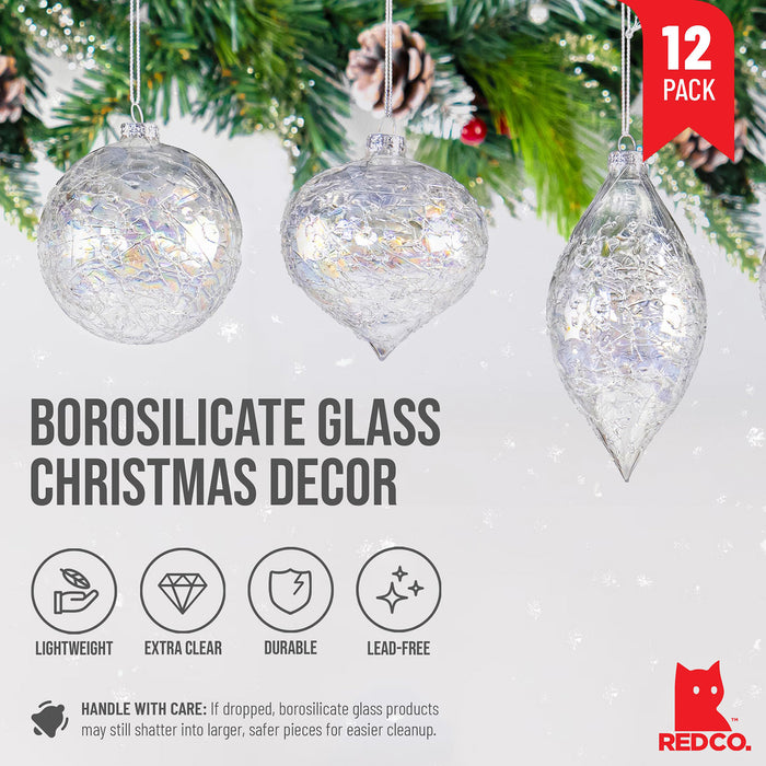 Red Co. Set of 12 Assorted 3” to 5” Decorative Iridescent Clear Crackle Glass Hanging Christmas Tree Ornaments - Olive, Ball & Onion