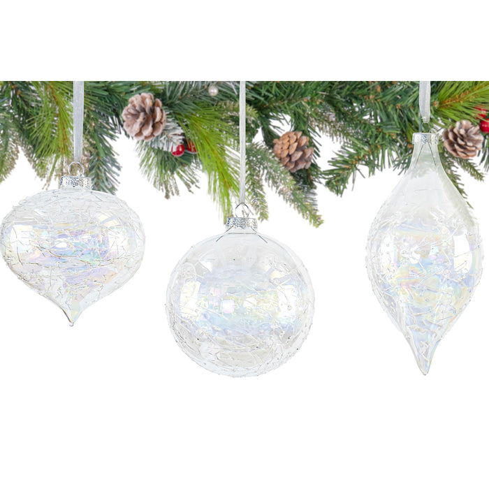 Red Co. Set of 6 Assorted 4” to 6” Decorative Iridescent Clear Glass Hanging Christmas Tree Ornaments - Olive, Ball & Onion