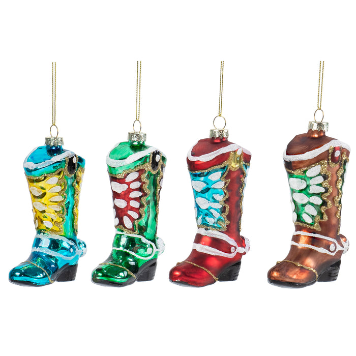 Red Co. 4.5” Small Decorative Glass Hanging Christmas Tree Ornaments – Set of 4 Assorted Cowboy Boots