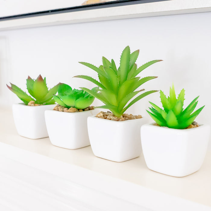 Red Co. Set of 4 Assorted Decorative Faux Succulents, Artificial Potted Plants for Home or Office, Mini
