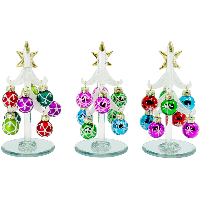 Red Co. Glass Christmas Tree Tabletop Display Decoration with Assorted Ball Ornaments, Holiday Season Decor, 5 Inches, Set of 3