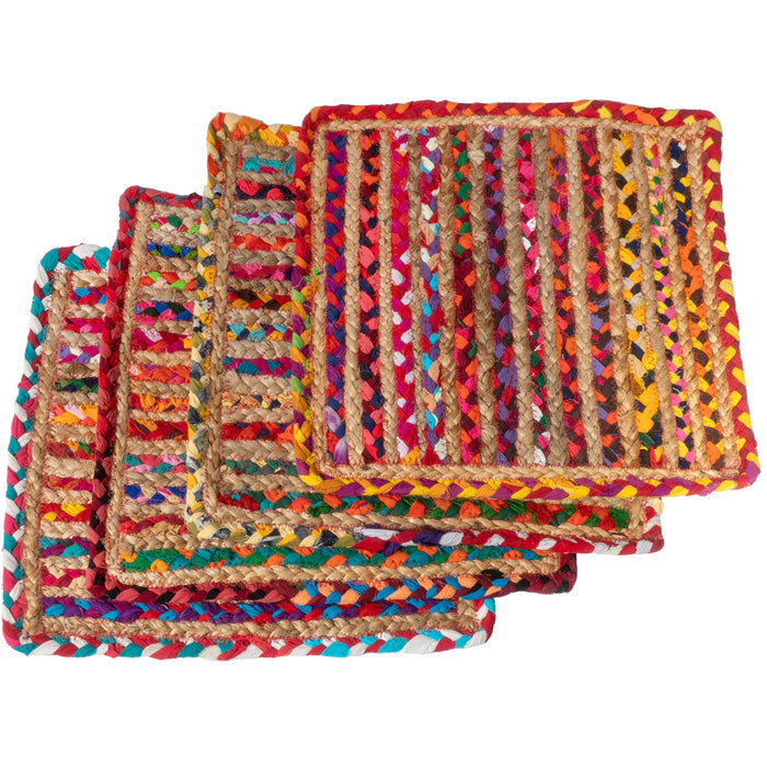 Red Co. Set of 2 Square Colorful Woven Jute Placemats, Indoor or Outdoor, 15 Inches