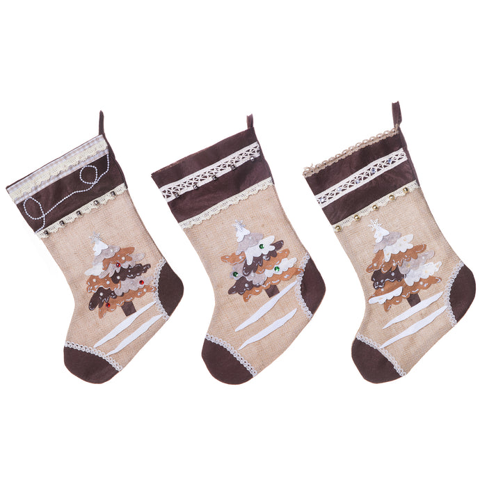 Red Co. Sparkling Tree Burlap Christmas Stocking 15", Holiday Home Decor, Party Decorations, Gifts and Treats Bag - Set of 3 (Assorted)