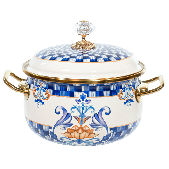 Red Co. Vintage Enamel Cookware Induction Stockpot with Blue Floral Design and Gold Trim with Crystal Knob Lid