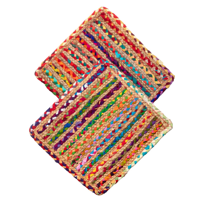 Red Co. Set of 2 Square Colorful Woven Jute Placemats, Indoor or Outdoor, 15 Inches