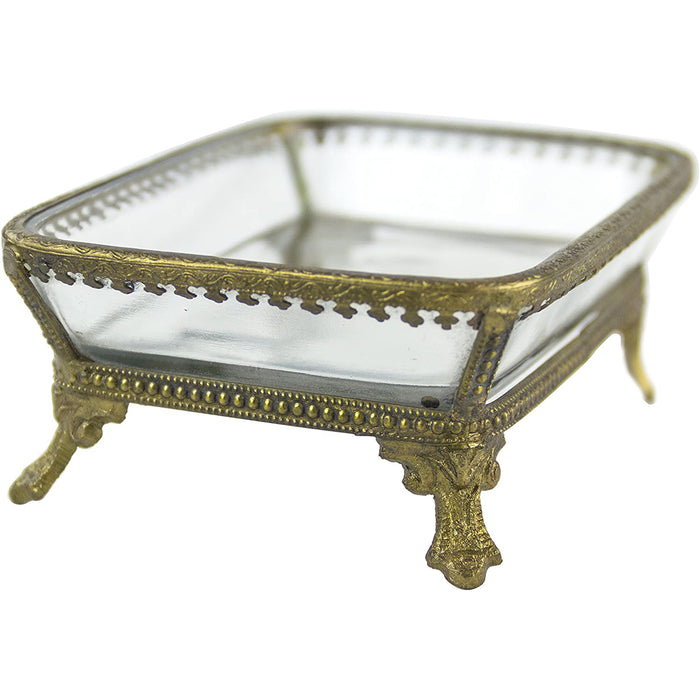 Red Co. Vintage Footed Clear Glass and Brass Soap Dish with Ornate Details