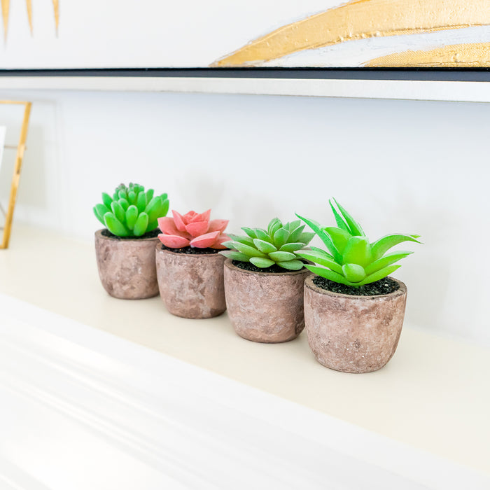 Red Co. Set of 4 Assorted Decorative Faux Succulents, Artificial Potted Plants for Home or Office, Mini