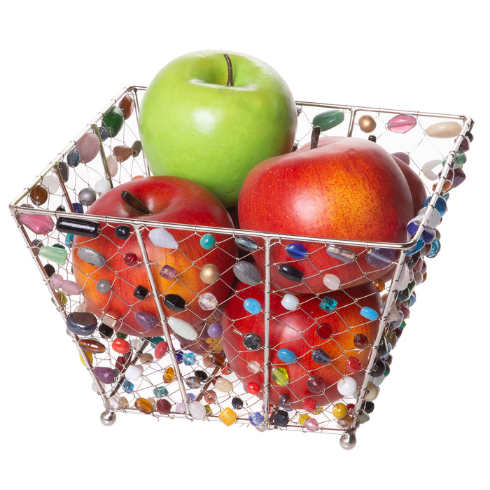 Red Co. Lovely Colorful Multi-Beaded Square Mesh Wire Basket, Boho Chic Home Décor, 7 Inches