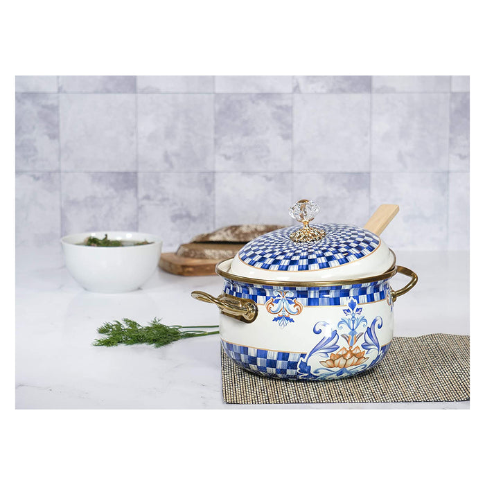 Red Co. Vintage Enamel Cookware Induction Stockpot with Blue Floral Design and Gold Trim with Crystal Knob Lid